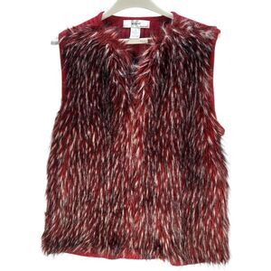 KIKIT Maurice Sasson Faux Fur Vest Red Black with Touch‎ of Tan Zip Up Large